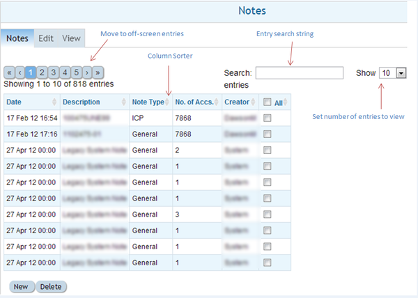 Notes browsing panel